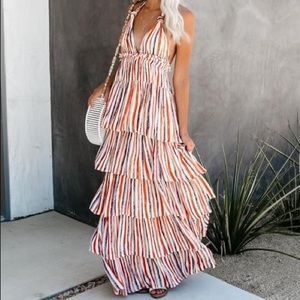 VICI Chiara Tiered Halter Maxi Dress Striped Multi Color Small